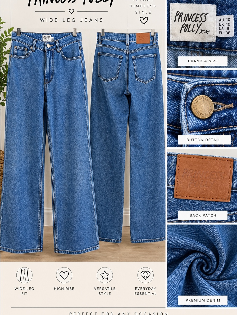 Princess Polly Mid-Blue High-Rise Wide Leg Jeans